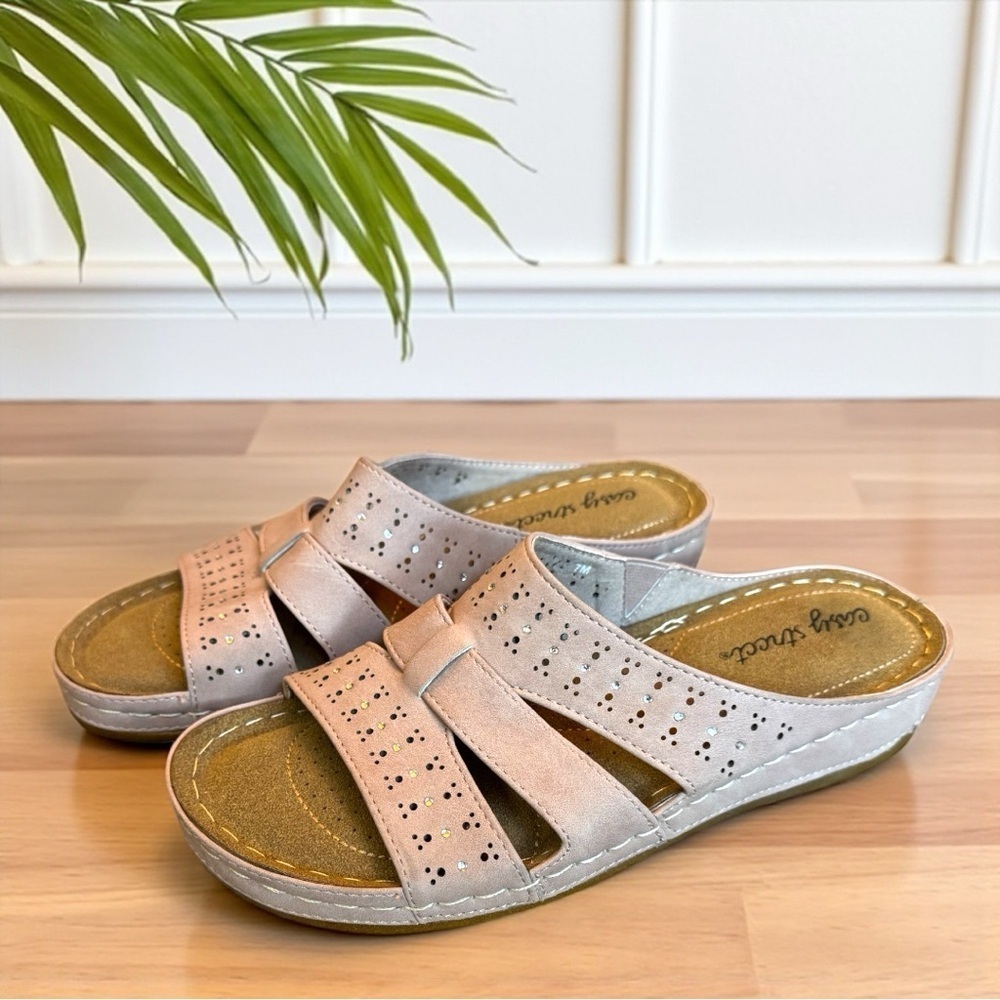 EASY STREET Blush Pink Slip-On Wedge Sandals with Rhinestone Detail - Size 7M